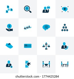 Iconos de equipo coloridos con programación de equipo, dinero de búsqueda, tormentas de ideas y otros elementos de insignia personal. Iconos aislados del equipo de ilustración vectorial.