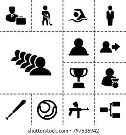 Team icons. set of 13 editable filled team icons such as group, user, paintball, volleyball, structure, male consultant   with case, golf player, swimming, baseball bat