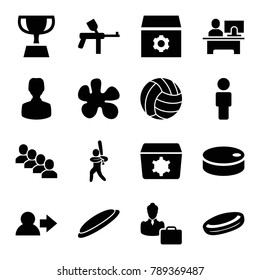 Team icons. set of 16 editable filled team icons such as gear, user, paintball, hockey puck, woman consultant with case, baseball player, volleyball, group, table