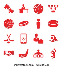 Team icons set. set of 16 team filled icons such as structure, basketball, man working at the table, woman consultant with case, swimming, volleyball player, football on phone