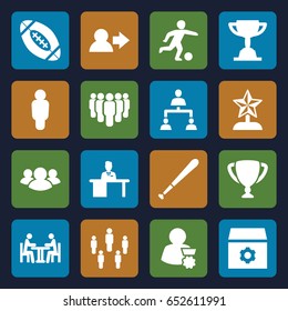 Team icons set. set of 16 team filled icons such as gear, group, man working at the table, meeting, structure, football player, baseball bat, american football, trophy