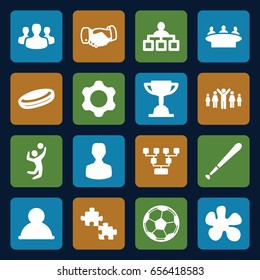 Team icons set. set of 16 team filled icons such as handshake, structure, group, volleyball player, baseball bat, fotball, gear, user group, trophy
