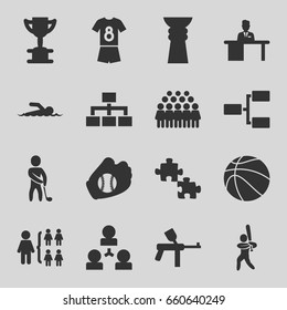 Team icons set. set of 16 team filled icons such as structure, group, man working at the table, baseball player, golf player, football uniform, baseball glove, basketball