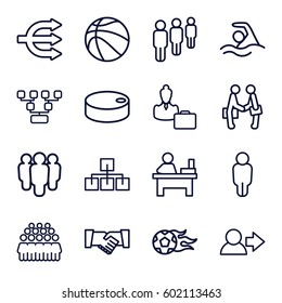 team icons set. Set of 16 team outline icons such as table, group, businessman shaking hands, woman consultant with case, handshake, swimming, football ball, hockey puck