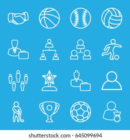 Team icons set. set of 16 team outline icons such as handshake, structure, male consultant   with case, woman consultant with case, golf player, football player, baseball