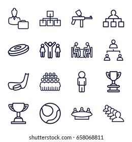 Team icons set. set of 16 team outline icons such as structure, group, meeting, woman consultant with case, hockey stick and puck, trophy