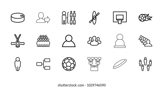 Team icons. set of 18 editable outline team icons: group, structure, user, football ball, basketball basket, hockey, hockey puck, rowing, fotball, user group