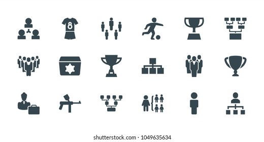 Team icons. set of 18 editable filled team icons: structure, paintball, family structure, group, user, woman consultant with case, football uniform, football player, trophy