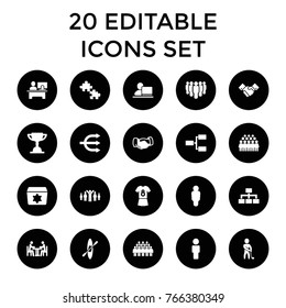Team icons. set of 20 editable filled team icons such as handshake, group, puzzle, user, structure, meeting, golf player, football uniform, rowing, trophy