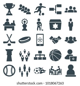 Team icons. set of 25 editable filled team icons such as table, man with laptop, hockey puck, structure, group, meeting, handshake, golf player, football ball