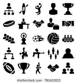 Team icons. set of 25 editable filled team icons such as user, paintball, hockey puck, group, structure, man working at the table, handshake, woman consultant with case