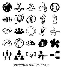 Team icons. set of 25 editable filled and outline team icons such as paintball, basketball, group, structure, football ball, baseball glove, baseball, user group