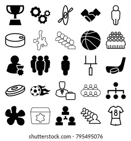 Team icons. set of 25 editable filled and outline team icons such as paintball, user, group, structure, handshake, football ball, hockey stick and puck, basketball, gear