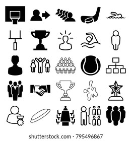 Team icons. set of 25 editable filled and outline team icons such as group, user, meeting, basketball basket, hockey stick and puck, handshake, trophy, structure, swimming