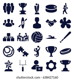 Team icons set. set of 25 team filled icons such as man with laptop, meeting, handshake, baseball player, volleyball player, goal post, hockey puck, rowing, baseball bat