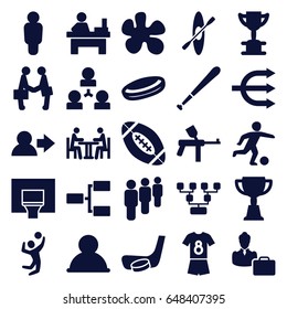 Team icons set. set of 25 team filled icons such as table, trophy, meeting, structure, businessman shaking hands, woman consultant with case, volleyball player