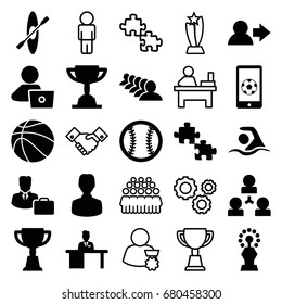 Team icons set. set of 25 team filled and outline icons such as group, man with laptop, trophy, man working at the table, male consultant   with case, swimming