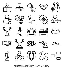 Team icons set. set of 25 team outline icons such as group, table, man with laptop, trophy, structure, man working at the table, meeting, handshake, businessman shaking hands