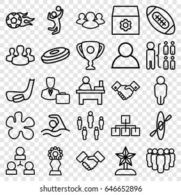 Team icons set. set of 25 team outline icons such as table, gear, structure, group, handshake, male consultant   with case, user group, swimming, volleyball player
