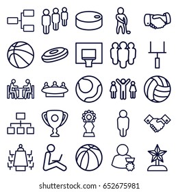 Team icons set. set of 25 team outline icons such as handshake, group, basketball, structure, meeting, man sitting with laptop, golf player, basketball basket, goal post