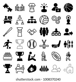 Team icons. set of 36 editable filled and outline team icons such as structure, man with laptop, puzzle, group, hockey stick and puck, football player, baseball glove