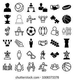 Team icons. set of 36 editable filled and outline team icons such as handshake, puzzle, hockey puck, trophy, family structure, structure, woman consultant with case