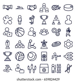 Team icons set. set of 36 team outline icons such as handshake, structure, gear, man with laptop, trophy, woman consultant with case, user group, swimmer, baseball player