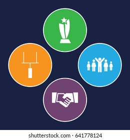 Team icons set. set of 4 team filled icons such as goal post, handshake, trophy