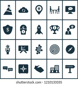 Team icons set with 5-star review, office building, best solution and other synchronize data elements. Isolated vector illustration team icons.