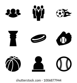 Team icons. set of 9 editable filled team icons such as hockey puck, basketball, group, football ball, baseball glove, baseball, trophy