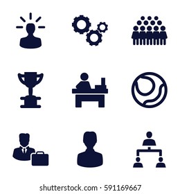 team icons set. Set of 9 team filled icons such as table, group, structure, male consultant   with case, gear, user bulb, trophy, user