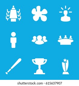 Team icons set. set of 9 team filled icons such as group, meeting, baseball bat, user bulb, trophy, paintball