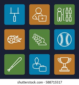 team icons set. Set of 9 team outline icons such as group, structure, man with laptop, woman consultant with case, football ball, goal post, baseball, baseball bat