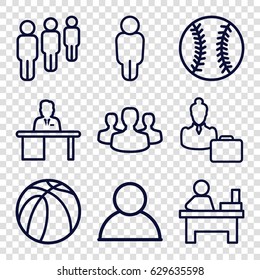 Team icons set. set of 9 team outline icons such as table, basketball, man working at the table, woman consultant with case, user group, baseball, user