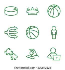 Team icons set. set of 9 team outline icons such as group, man with laptop, basketball, swimming, hockey puck, user, puzzle