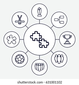 Team icons set. set of 9 team outline icons such as structure, hockey, fotball, trophy, group, paintball