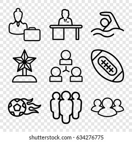 Team icons set. set of 9 team outline icons such as group, man working at the table, woman consultant with case, swimming, football ball, american football, star trophy
