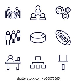 Team icons set. set of 9 team outline icons such as table, structure, meeting, gear, goal post, hockey puck, american football