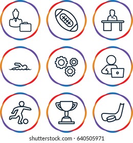 Team icons set. set of 9 team outline icons such as man with laptop, man working at the table, woman consultant with case, gear, swimmer, hockey stick and puck