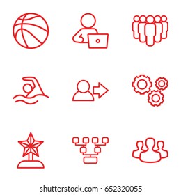 Team icons set. set of 9 team outline icons such as man with laptop, gear, user group, swimming, basketball, user, star trophy, family structure