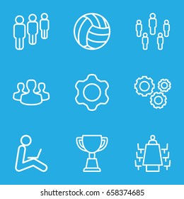 Team icons set. set of 9 team outline icons such as trophy, meeting, gear, user group, man sitting with laptop, volleyball