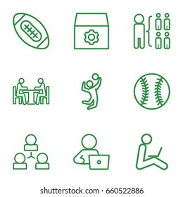 Team icons set. set of 9 team outline icons such as gear, structure, man with laptop, meeting, man sitting with laptop, volleyball player, baseball
