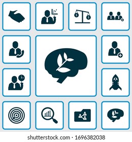 Team icons set with team analytics, brain work, add to team and other communication elements. Isolated vector illustration team icons.
