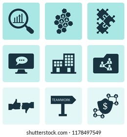 Team icons set with blockchain, analytics, team honeycomb and other protection elements. Isolated vector illustration team icons.
