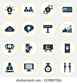 Team icons set with chief, cloud sync, destination board and other presentation elements. Isolated vector illustration team icons.