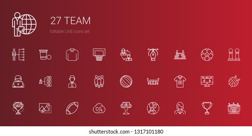 team icons set. Collection of team with businesswoman, startup, trophy, co, rugby, image, football jersey, table, ball, group, businessman, skills. Editable and scalable team icons.