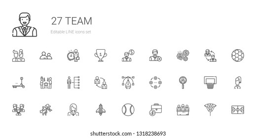 team icons set. Collection of team with candidates, portfolio, baseball, startup, businesswoman, job search, structure, vector, teamwork, skills. Editable and scalable team icons.