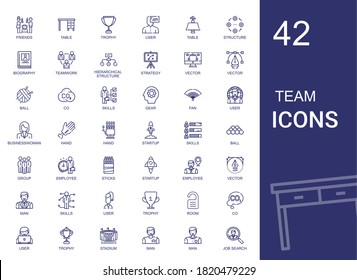 Team Icons Set. Collection Of Team With Friends, Table, Trophy, User, Structure, Biography, Teamwork, Hierarchical Structure, Strategy, Vector. Editable And Scalable Team Icons.