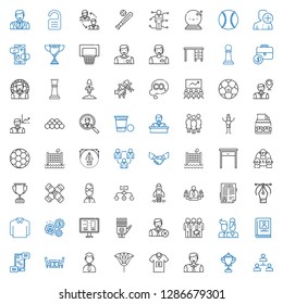 Team Icons Set. Collection Of Team With Hierarchical Structure, Trophy, Man, Football Jersey, Fan, Businessman, Table, Communications, Biography. Editable And Scalable Team Icons.