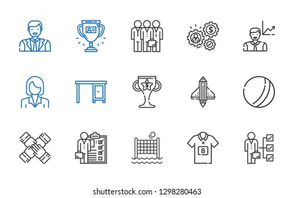 team icons set. Collection of team with skills, football jersey, volley, teamwork, ball, startup, trophy, table, businesswoman, employee, working. Editable and scalable team icons.